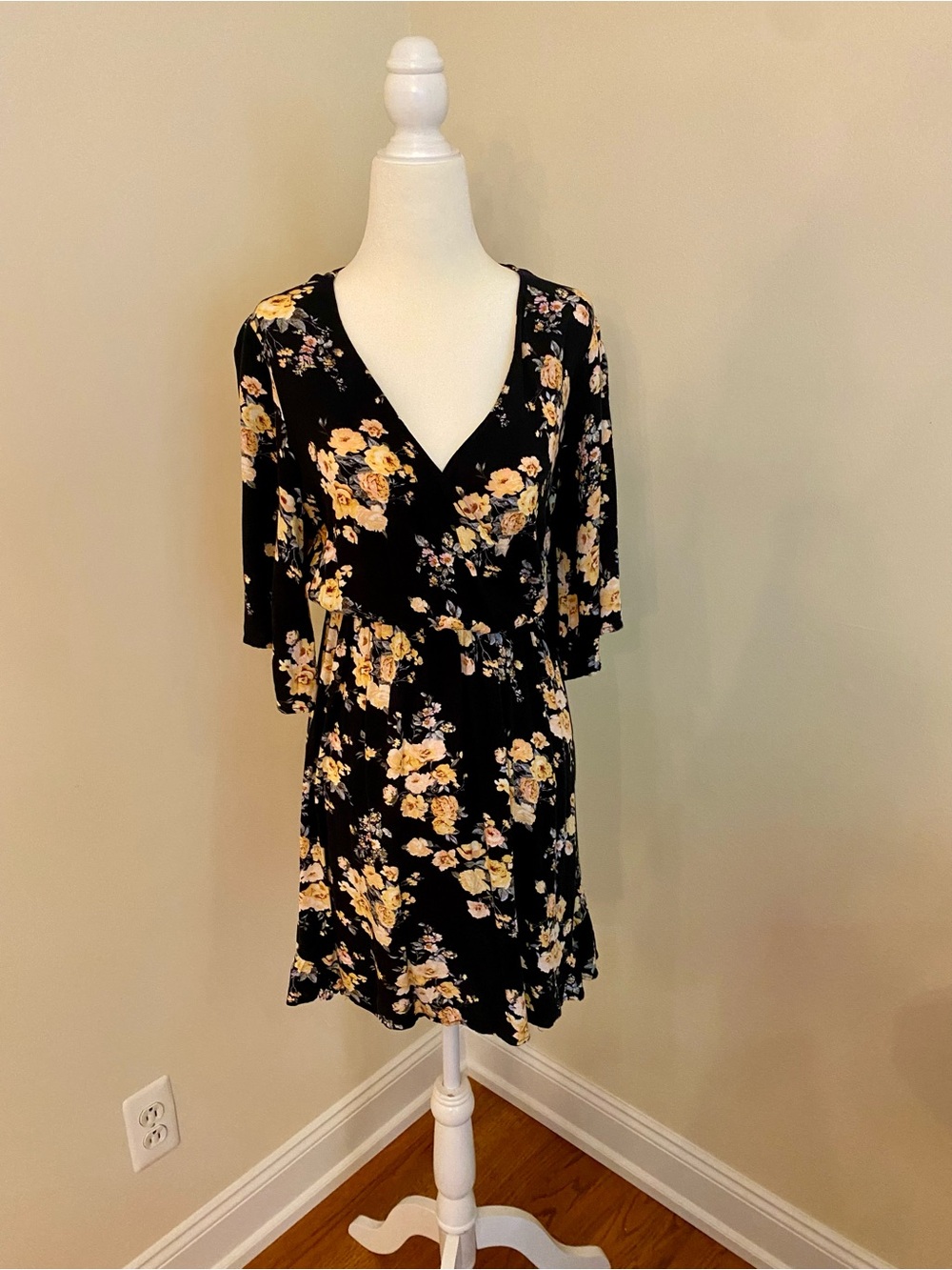 Xhilaration Black Floral Mini Dress with Yellow Flowers